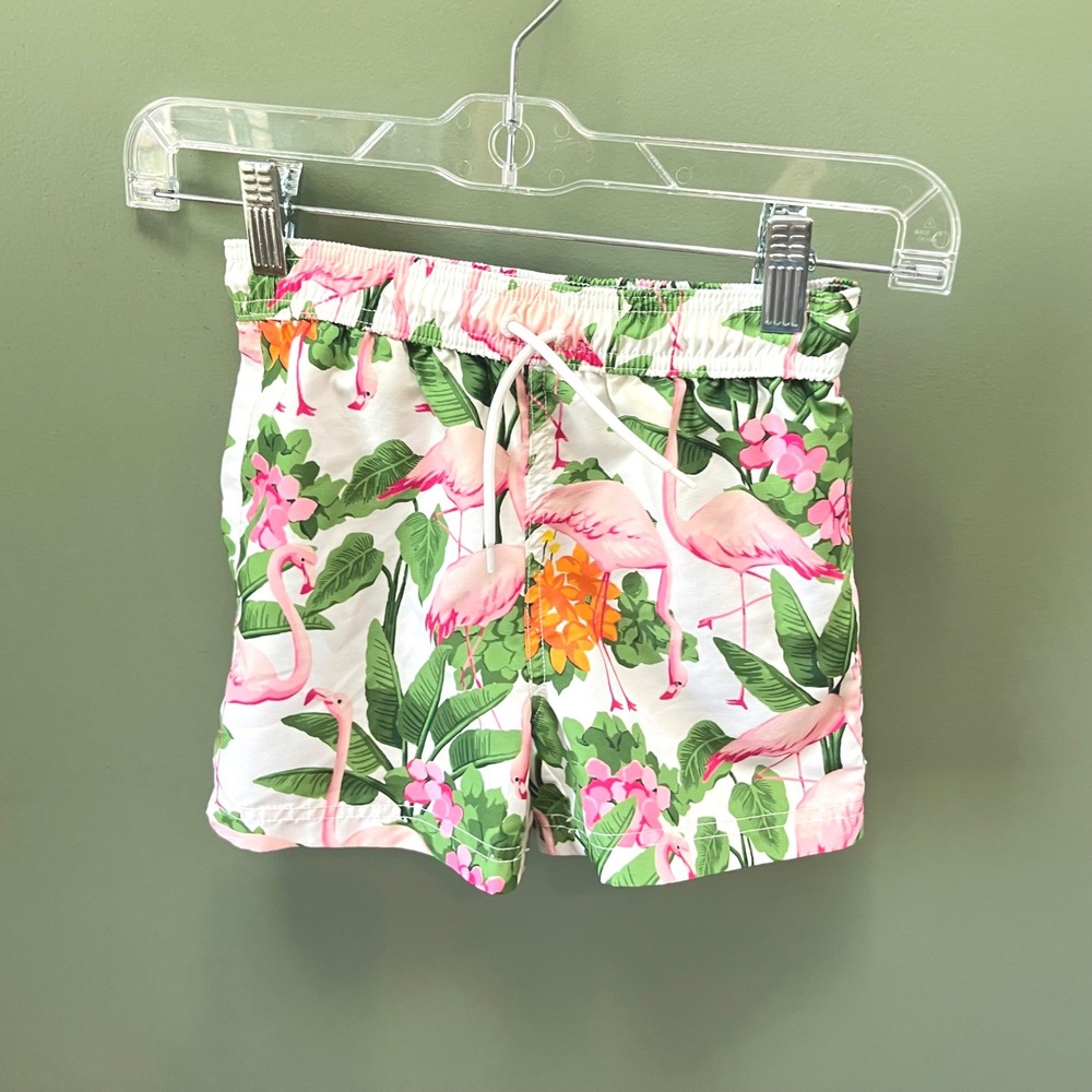 Janie and Jack Boys Flamingo Tropical Swim Trunks White‎ Pink Green Size 6